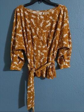 Anthropologie Mustard Floral Tie-Waist Blouse